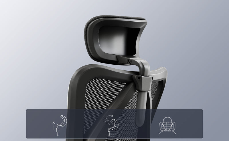 Headrest moves 3.9” up and down and pivots 45°